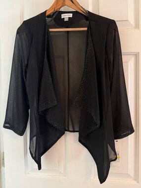 NWT Women’s Calvin Klein Black Sheer Chiffon Fly Front Shrug, Hand Beaded, Med